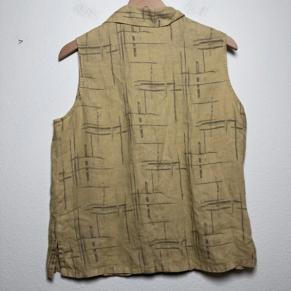 Women 100% Linen Tunic Sleeveless Top Large Tan Abstract Pockets‎ Artsy Coastal - Picture 6 of 6